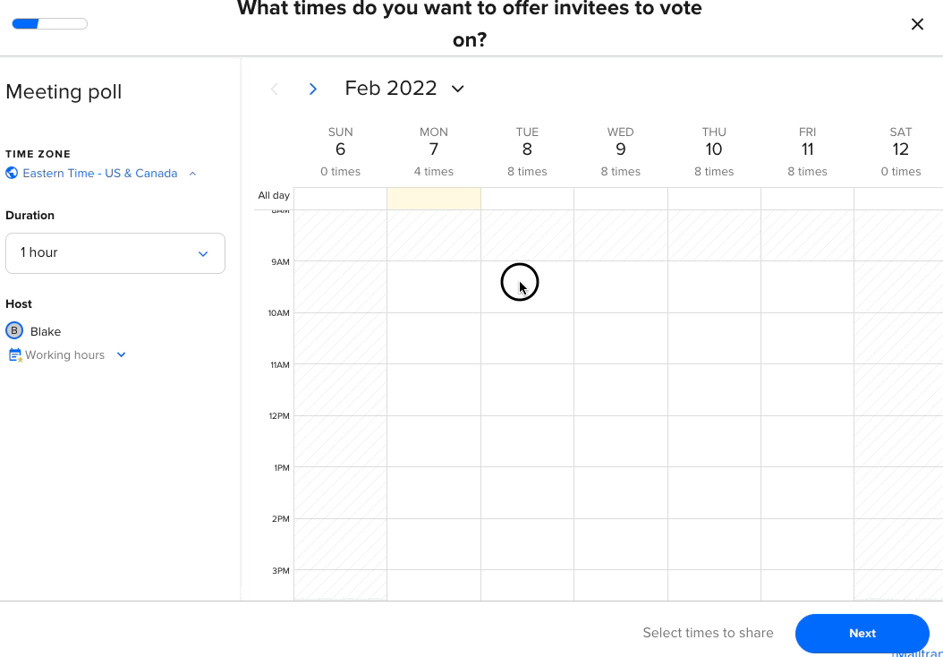 It's easy to select polling times in Calendly and let multiple people vote. 