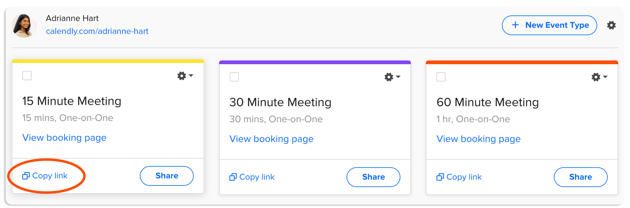 On your booking page, hit "copy link" to grab the scheduling link for a particular event type.
