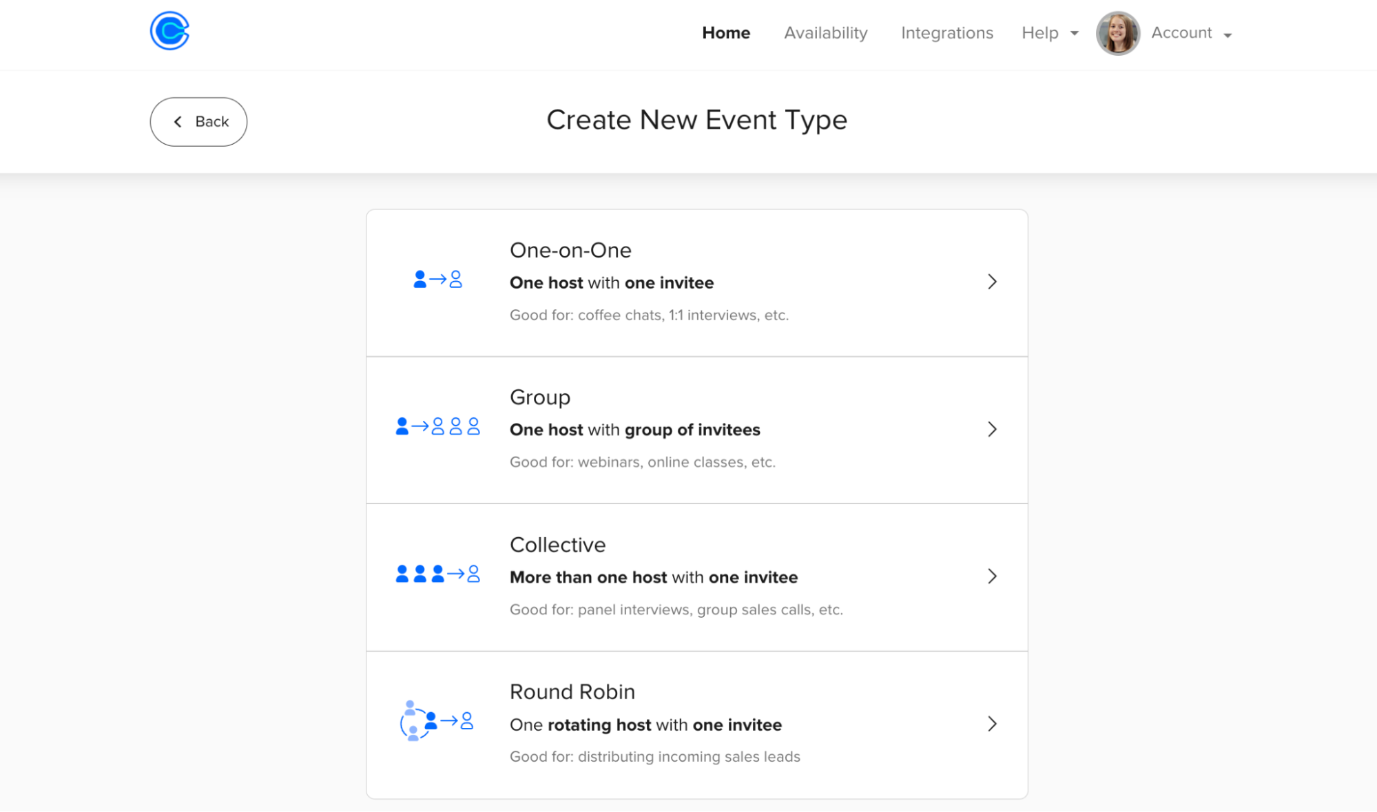 Screenshot of the "Create New Event Type" page in Calendly showing Event Types: One-on-One, Group, Collective, and Round Robin.
