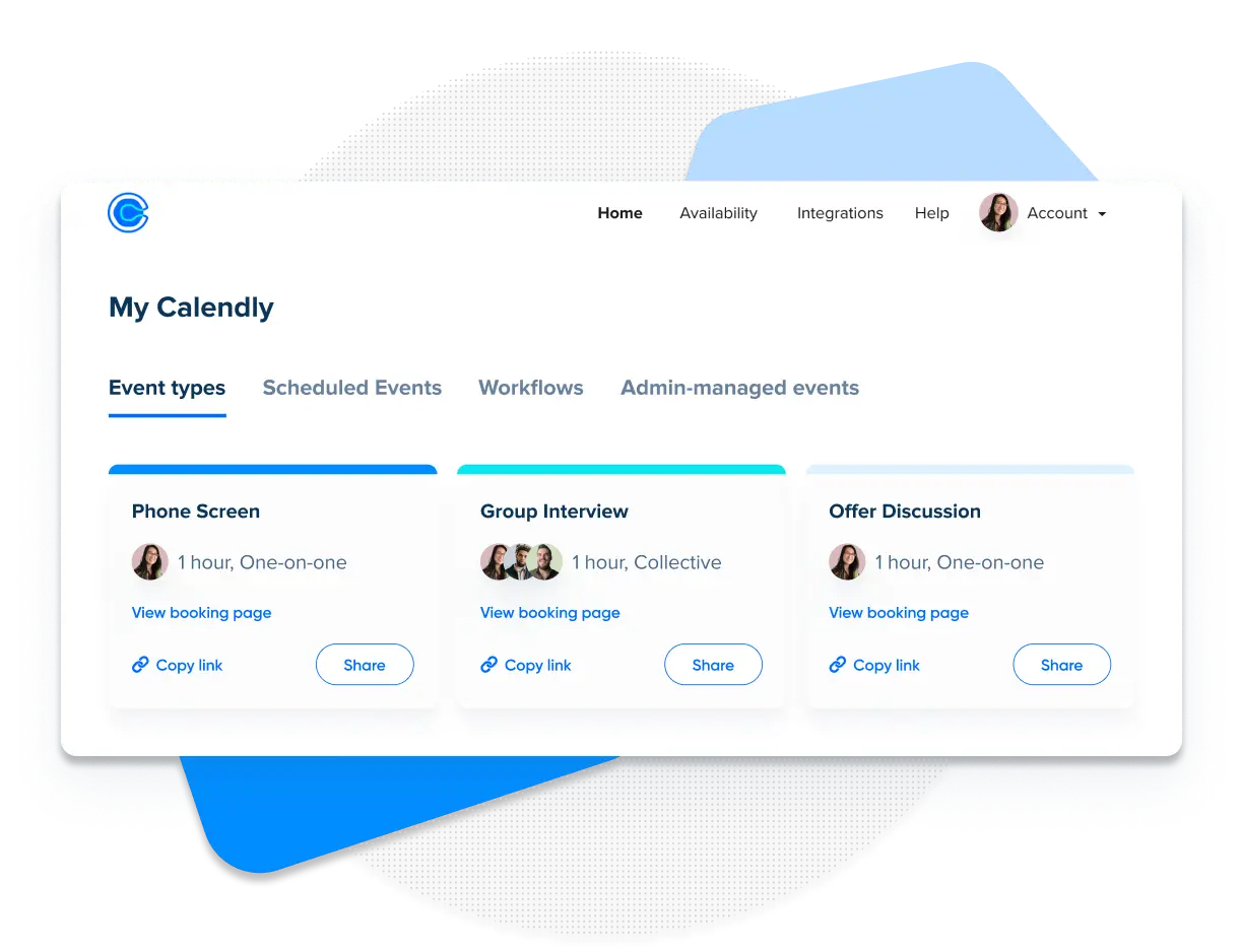 Screenshot showing how recruiters use Calendly to schedule phone screens, group interviews, job offers, and other 1:1 appointments.