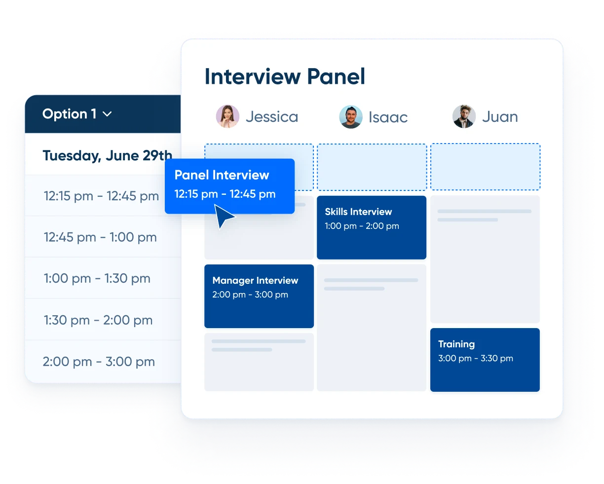 Prelude screenshot showing scheduling options for a panel interview with three interviewers.