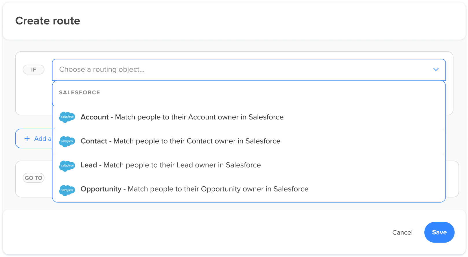 Screenshot showing Calendly integrates with Salesforce lookup to match and schedule leads and customers based on real-time CRM account ownership.
