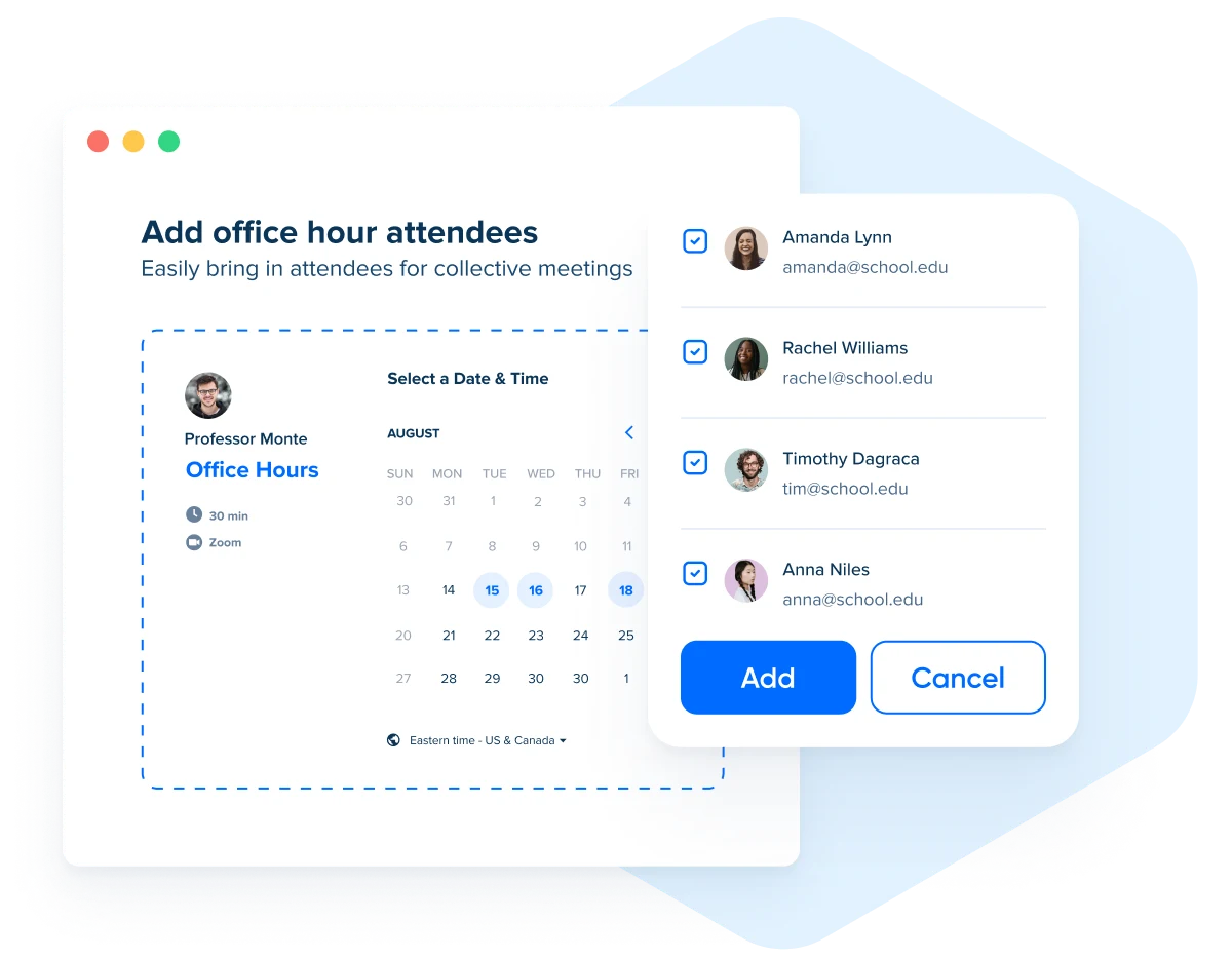 Stylized screenshot showing the booking page for an Office Hours Event in Calendly, where multiple students can sign up for the same time slot.